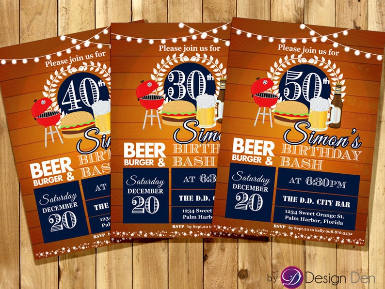 Adult Men Birthday Invitation. Burger, Beer, BBQ. String light,30th 40th 50th 60th any age. Printable. A1019 image 1