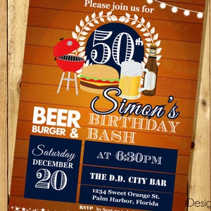 Adult Men Birthday Invitation. Burger, Beer, BBQ. String light,30th 40th 50th 60th any age. Printable. A1019 image 3