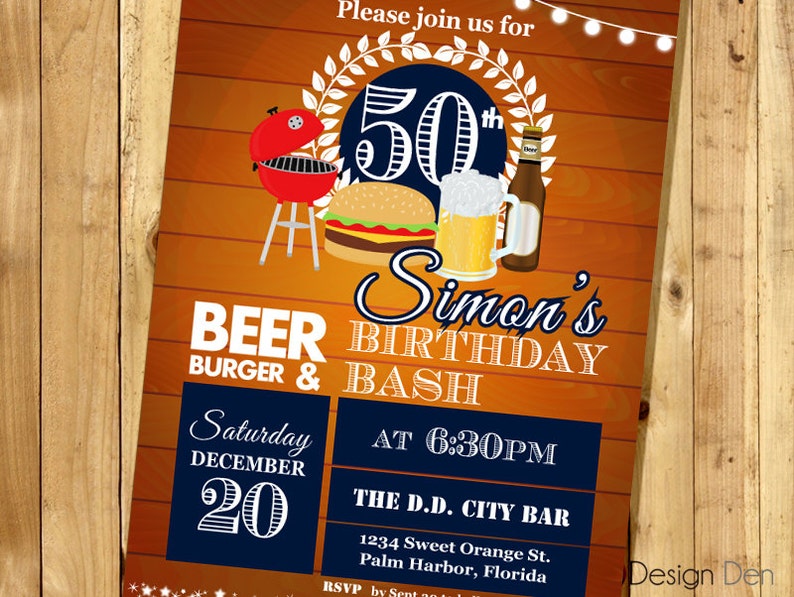 Adult Men Birthday Invitation. Burger, Beer, BBQ. String light,30th 40th 50th 60th any age. Printable. A1019 image 3