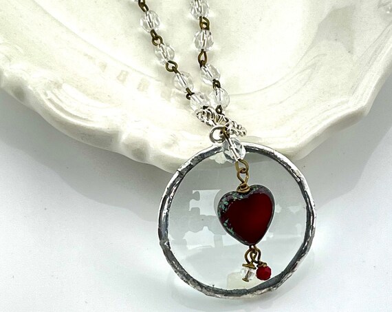Magnifying Glass Necklace with Glass Heart and Beaded Chain, Magnifying Glass Pendant