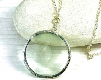 Sterling Silver Magnifying Glass Necklace with Labradorite Accent: Monocle Pendant