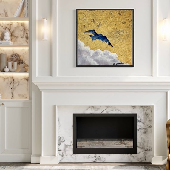 Original Soaring Bird with Gold Leaf Painting, Original Painting, Hand Painted in the USA, Large Artwork, Any Size