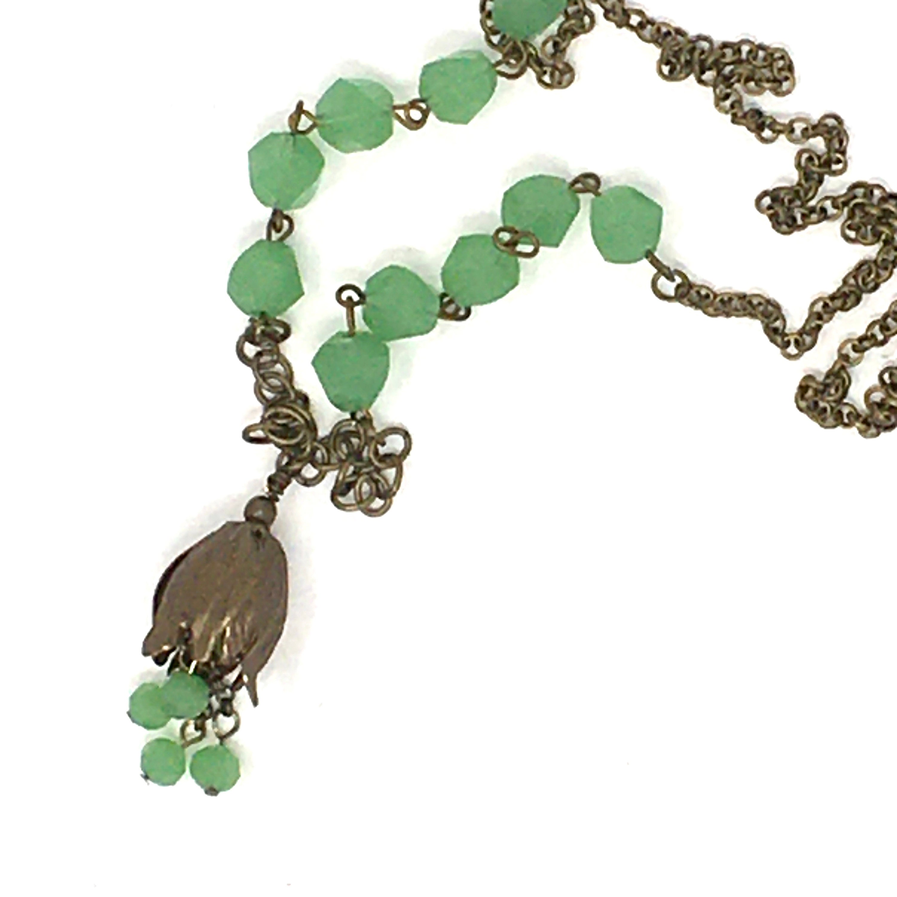 Antique Brass Flower Necklace Moss Green Glass Bead Necklace Etsy