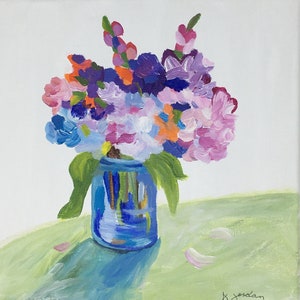 Original Floral Painting: Colorful Lilacs in Blue Vase, Any Size