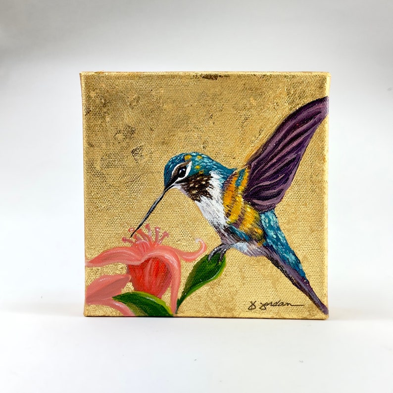 Original Hummingbird with Gold Leaf, Painting, Hand Painted in the USA, Gold Wall Art, Glam Artwork, Large Artwork, Any Size image 4