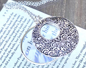 Sterling Silver Magnifying Glass Necklace: Ornate Monocle Pendant, USA Made