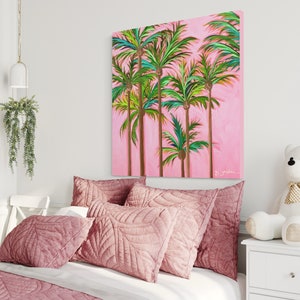 Original Palm Tree Painting: Hand Painted Pink Desert Art