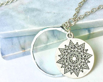 Sterling Silver Magnifying Glass Necklace: Mandala Pendant, Handmade in USA