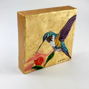 Original Hummingbird with Gold Leaf, Painting, Hand Painted in the USA, Gold Wall Art, Glam Artwork, Large Artwork, Any Size image 7