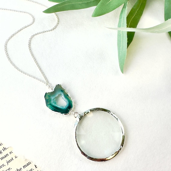Sterling Silver Magnifying Glass Necklace: Agate Geode Monocle