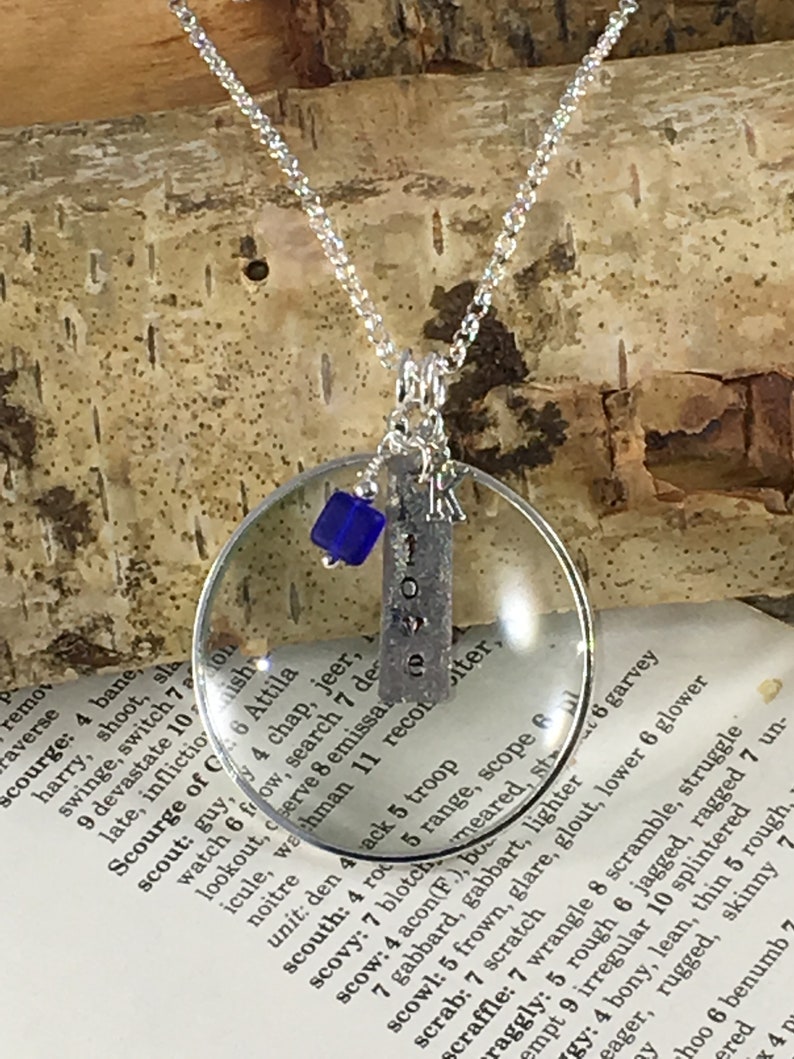 Magnifying Glass Necklace with Silver Word and One Crystal Charm Magnifying Glass Pendant