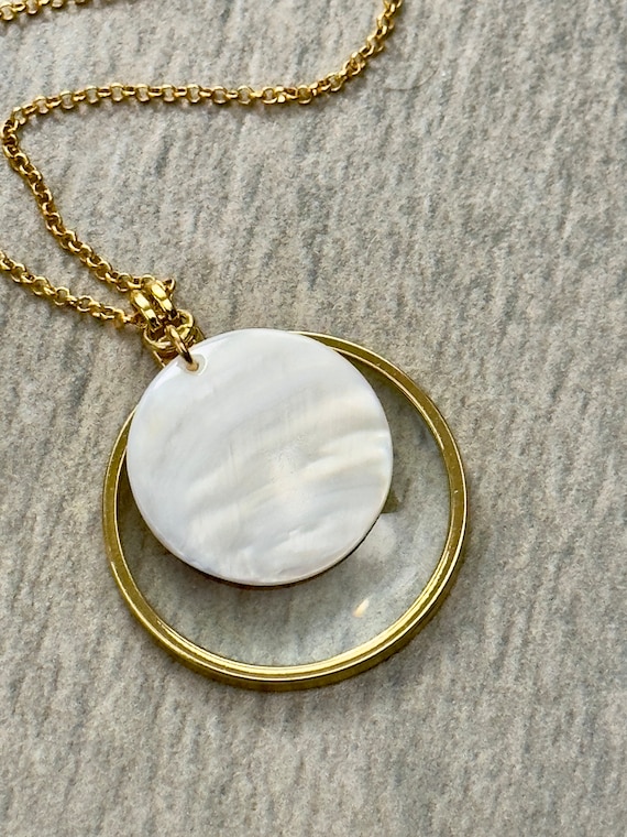 Gold Magnifying Glass Necklace with Mother of Pearl Pendant, USA Handmade