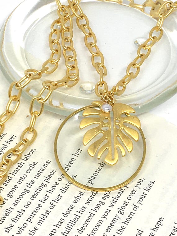 Gold Magnifying Glass Necklace, Monstera Leaf Charm, Made in USA