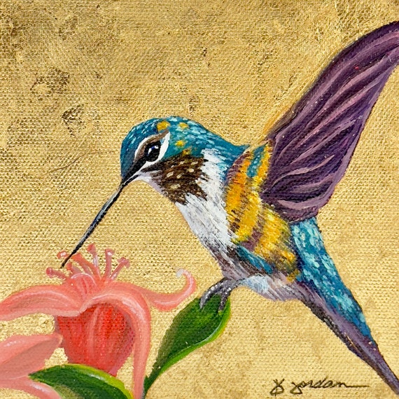 Original Hummingbird with Gold Leaf, Painting, Hand Painted in the USA, Gold Wall Art, Glam Artwork, Large Artwork, Any Size