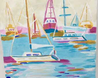 Original Painting, Original Boat Marina Painting, Wall Art, Hand Painted in US, Any Size