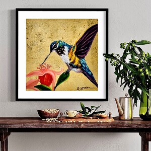 Original Hummingbird with Gold Leaf, Painting, Hand Painted in the USA, Gold Wall Art, Glam Artwork, Large Artwork, Any Size image 2