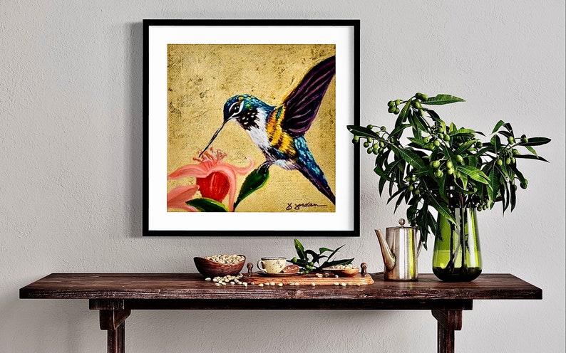 Original Hummingbird with Gold Leaf, Painting, Hand Painted in the USA, Gold Wall Art, Glam Artwork, Large Artwork, Any Size image 2