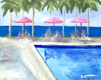May include: A painting of a swimming pool with three pink umbrellas and palm trees in the background. The pool is blue and the water is rippling. The umbrellas are pink and white and are set up on a sandy beach. The palm trees are green and have tall trunks. The painting is done in a loose, impressionistic style.
