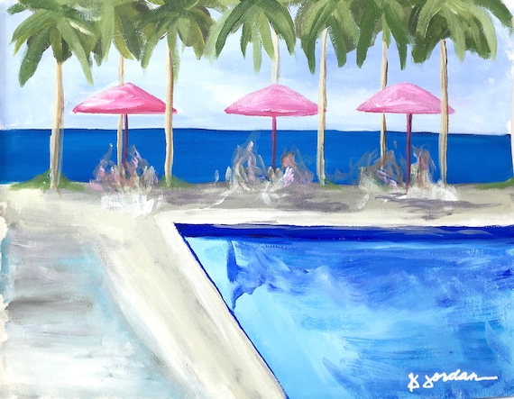 Original Painting, Original Beach Pool Painting, Wall Art, Hand Painted in US, Any Size
