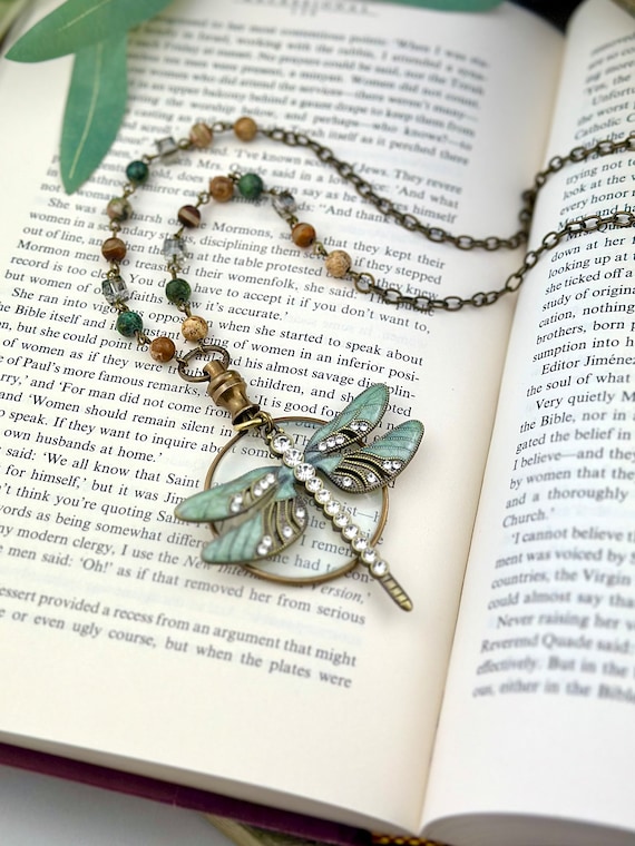 Dragonfly Magnifying Glass Necklace: Gemstone Beaded Brass Chain
