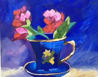 Original Painting, Original Floral Tea Cup Painting, Wall Art, Hand Painted in US, Any Size