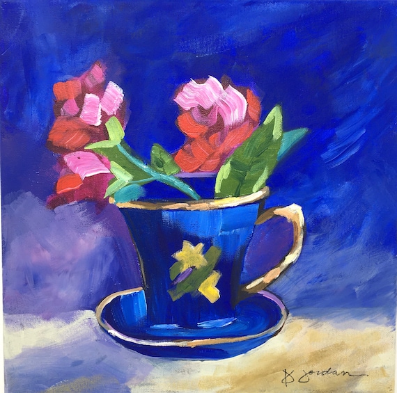 Original Painting, Original Floral Tea Cup Painting, Large Art, Hand Painted in US, Any Size