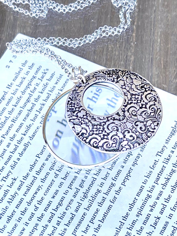 Silver Magnifying Glass Necklace, Long Necklace, Monocle Necklace, Magnifying Pendant
