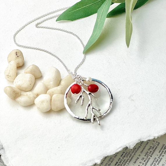 Sterling Silver Magnifying Glass Necklace, Red Coral Pendant, Handmade