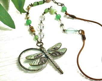 Sterling Silver Beaded Chain  Magnifying Glass Necklace, Dragonfly Necklace, Made In USA