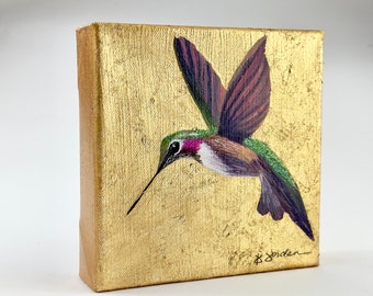 Hummingbird with Gold Leaf Original Painting, Original Artwork, Gold Wall Decor, Glam Artwork