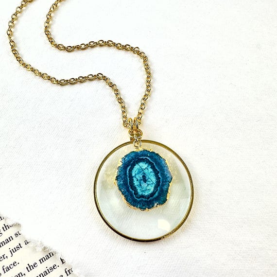 Gold Magnifying Glass Necklace, Gold Apatite Geod Slice, Made In the USA