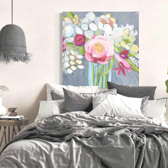 Abstract Floral Original Painting, Gray Original Floral Painting, Large Art, Hand Painted in US, Any Size