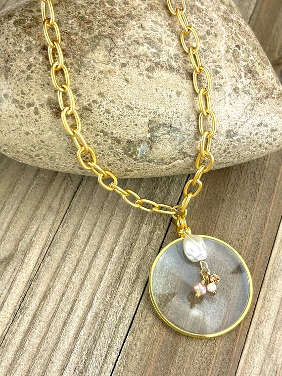 Gold Magnifying Glass Necklace, Magnifier Necklace, Loupe Necklace, Magnify Necklace