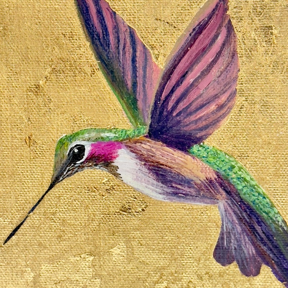 Hummingbird with Gold Leaf Original Painting, Hand Painted in the USA, Gold Wall Art, Any Size