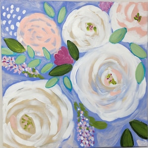 May include: A painting of white and pink flowers with green leaves on a light blue background.