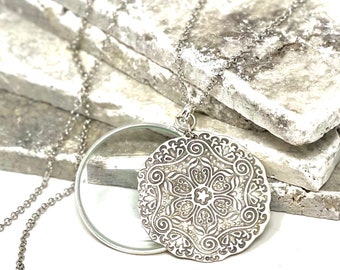Sterling Silver Magnifying Glass Necklace: Silver Monocle Pendant
