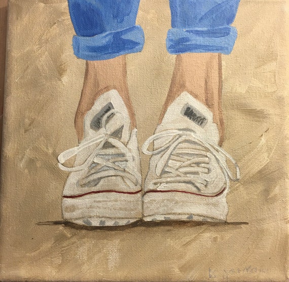 Original Painting, Tennis Shoes Painting, Wall Art, Painted in the US, White High-Top Painting, Large Art