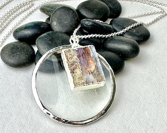 Sterling Silver Magnifying Glass Necklace with Agate Slice