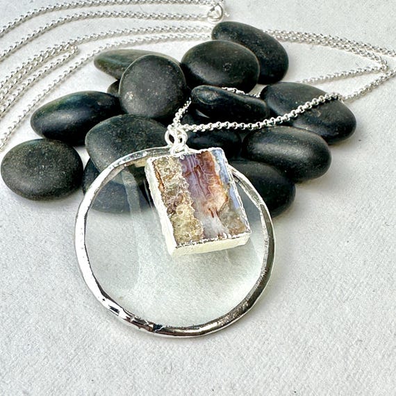 Handmade Sterling Silver Magnifying Glass Necklace with Agate Slice