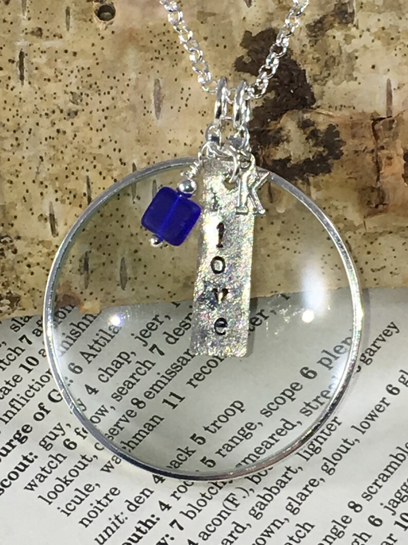 Magnifying Glass Necklace with Silver Word and One Crystal Charm Magnifying Glass Pendant