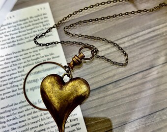 Handmade Brass Magnifying Glass Necklace with Heart Pendant