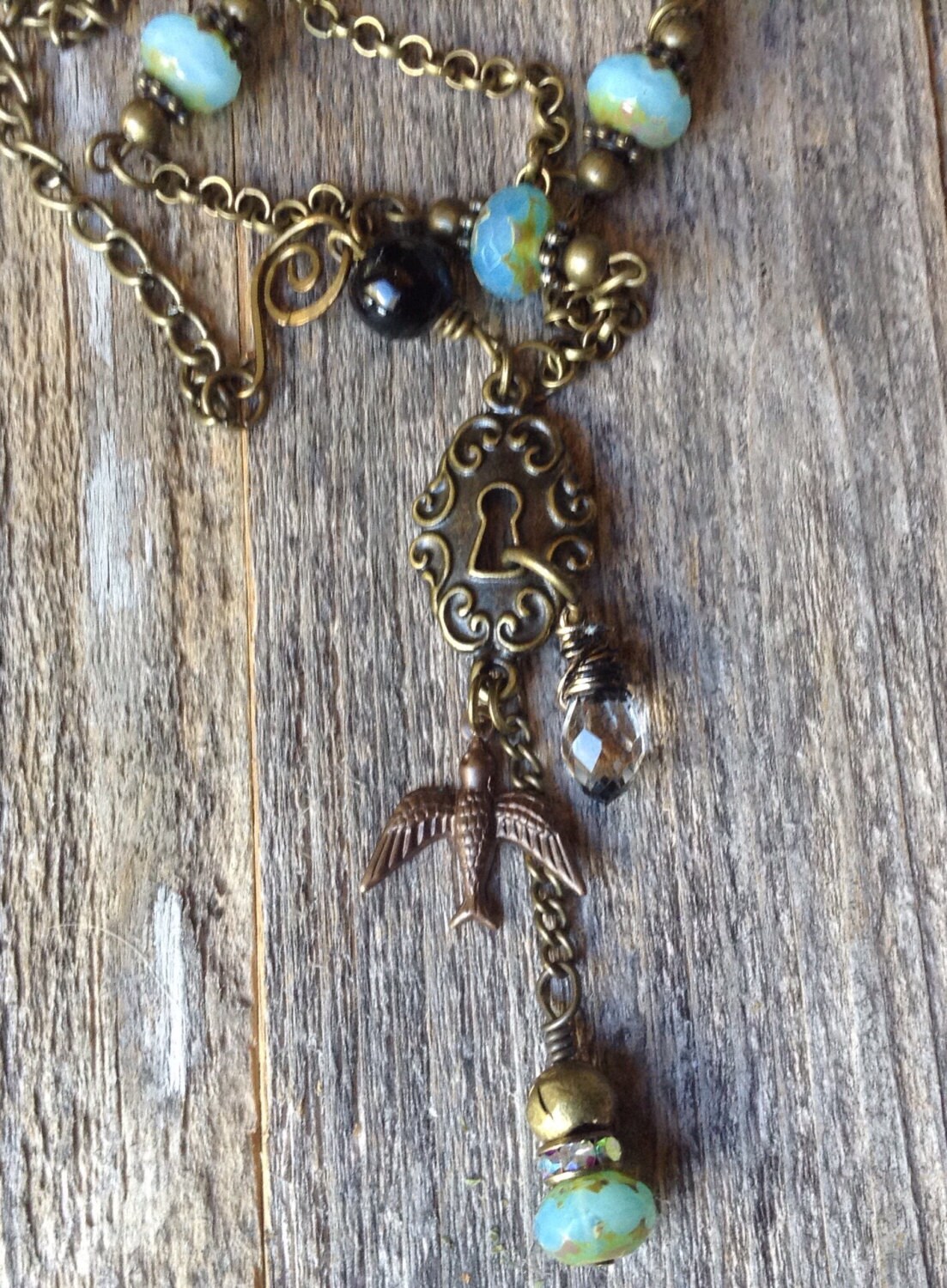 Keyhole and Aqua Blue Glass Bead Necklace | Etsy