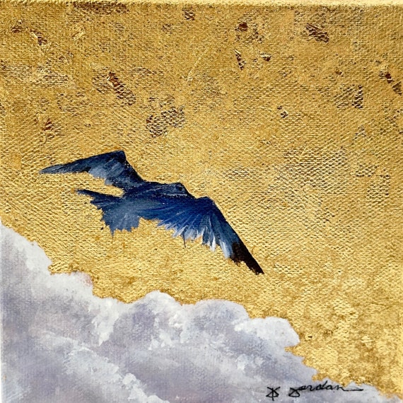 Original Soaring Bird with Gold Leaf Painting, Original Painting, Hand Painted in the USA, Large Artwork, Any Size