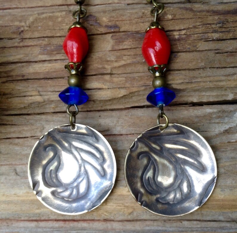 Bohemian Antique Brass Earrings with Red and Blue Beads Etsy