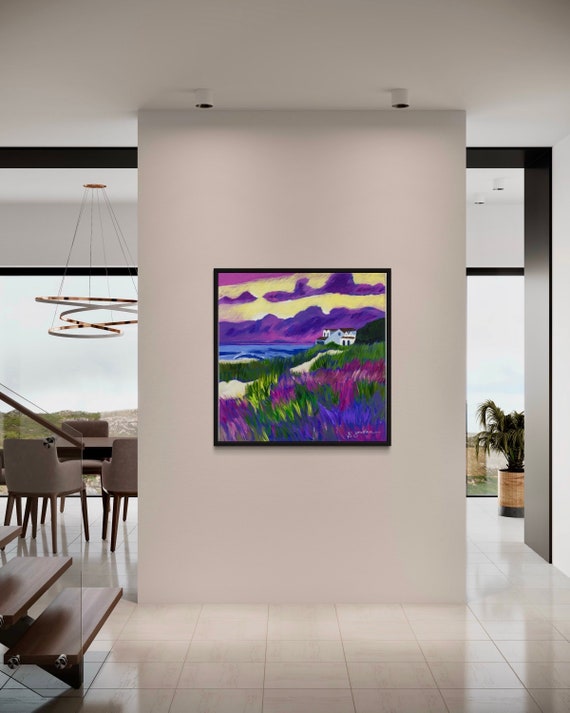 Hand Painted Landscape, House on the Lake Painting, Large Art, Hand Painted in the US, Any Size