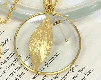 Gold Magnifying Glass Necklace, Leaf Pendant, Handmade in USA
