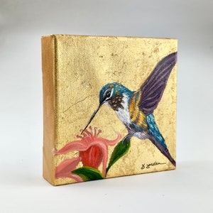 Original Hummingbird with Gold Leaf, Painting, Hand Painted in the USA, Gold Wall Art, Glam Artwork, Large Artwork, Any Size image 8