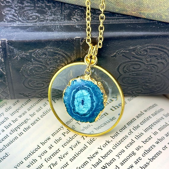 Gold Magnifying Glass Necklace: Apatite Blue Quartz, Handmade USA