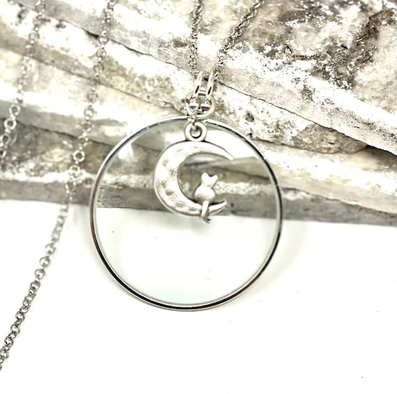 Sterling Silver Cat on the Moon Magnifying Glass Necklace, Silver Monocle Necklace, Cat Necklace, Made In USA