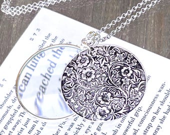 Sterling Silver Magnifying Glass Necklace: Ornate Pendant, USA Handmade